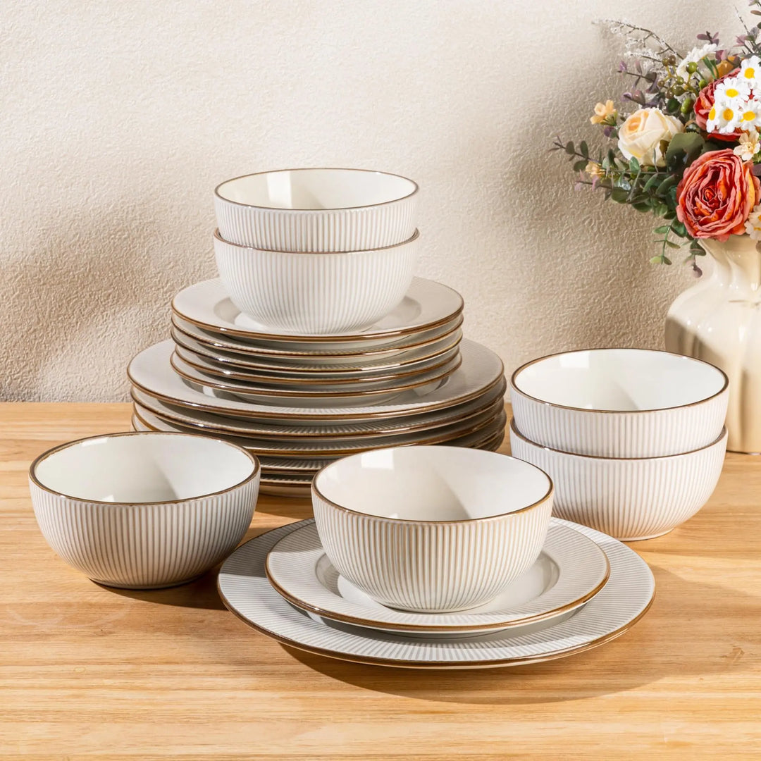 GBHOME Ceramic Dinnerware Sets 12 pcs Embossed Elegant Stoneware Plates and Bowls