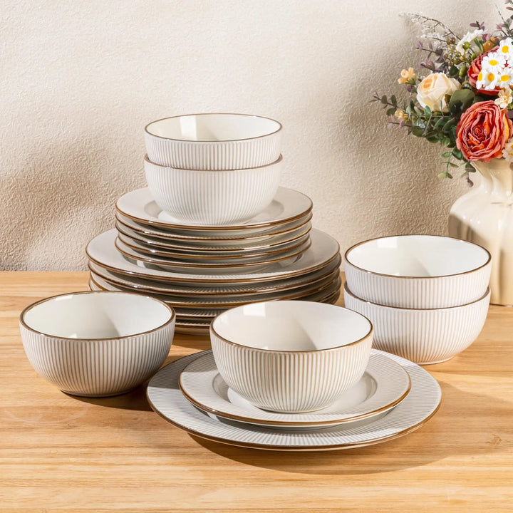 GBHOME Ceramic Dinnerware Sets 12 pcs Embossed Elegant Stoneware Plates and Bowls