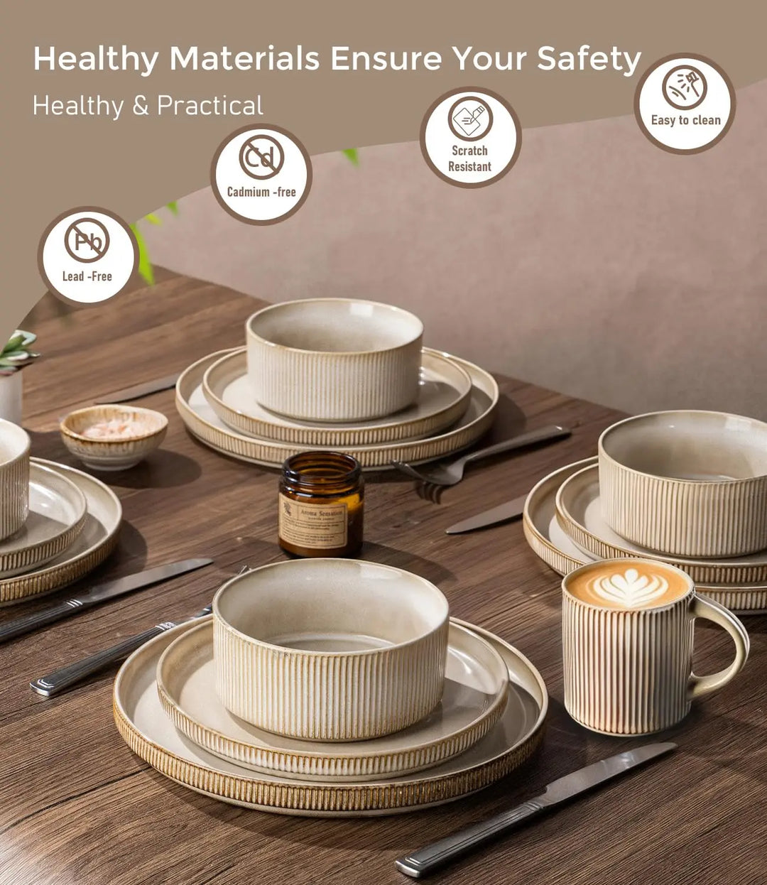 GBHOME Stoneware Dinnerware Sets for 6, 18-Piece Plates and Bowls Set