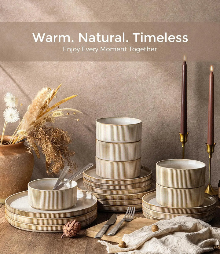 GBHOME Stoneware Dinnerware Sets for 6, 18-Piece Plates and Bowls Set