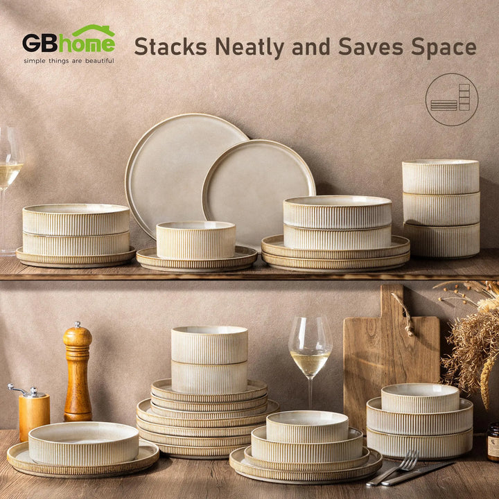 GBHOME Stoneware Dinnerware Sets for 6, 18-Piece Plates and Bowls Set