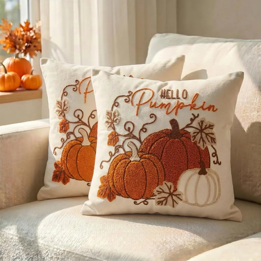 GEEORY Fall Pumpkin Pillow Covers Set of 2, Orange Embroidery, 18x18 Inch