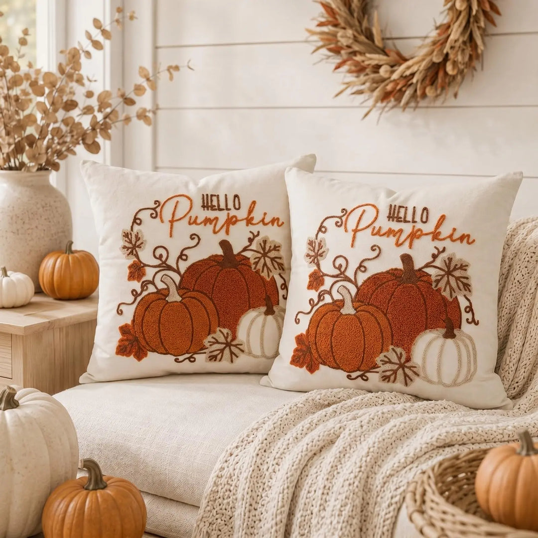 GEEORY Fall Pumpkin Pillow Covers Set of 2, Orange Embroidery, 18x18 Inch