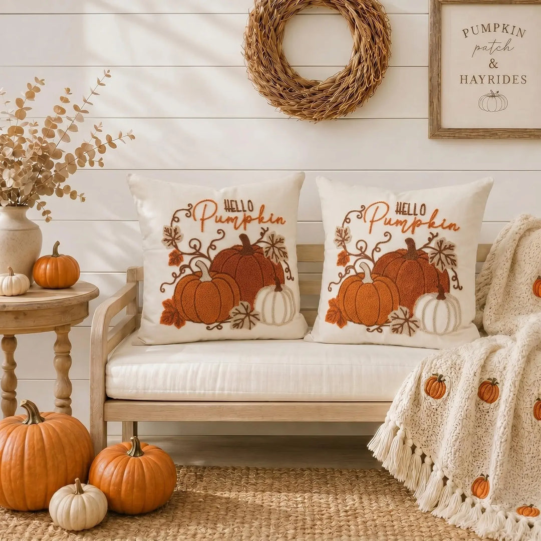 GEEORY Fall Pumpkin Pillow Covers Set of 2, Orange Embroidery, 18x18 Inch