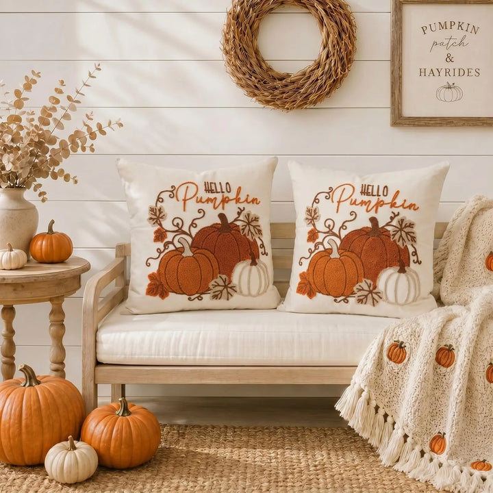 GEEORY Fall Pumpkin Pillow Covers Set of 2, Orange Embroidery, 18x18 Inch