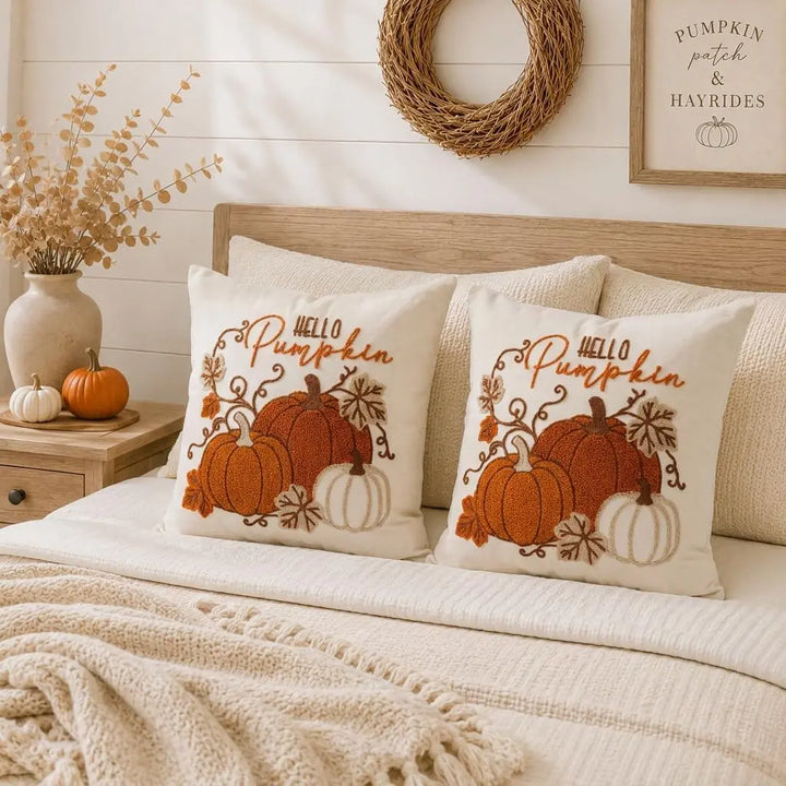 GEEORY Fall Pumpkin Pillow Covers Set of 2, Orange Embroidery, 18x18 Inch