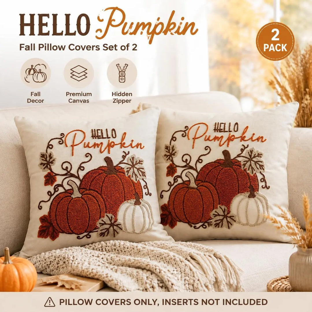 GEEORY Fall Pumpkin Pillow Covers Set of 2, Orange Embroidery, 18x18 Inch