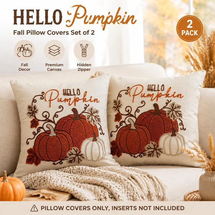 GEEORY Fall Pumpkin Pillow Covers Set of 2, Orange Embroidery, 18x18 Inch