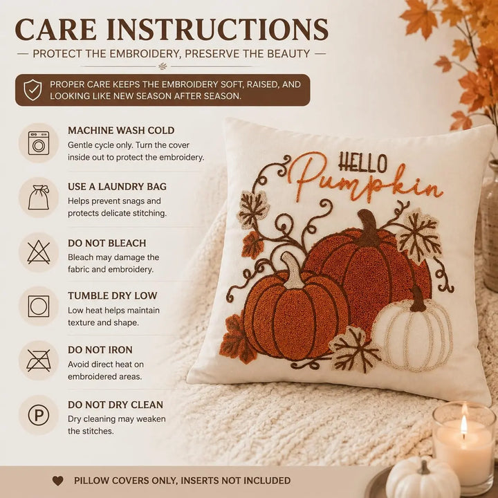 GEEORY Fall Pumpkin Pillow Covers Set of 2, Orange Embroidery, 18x18 Inch