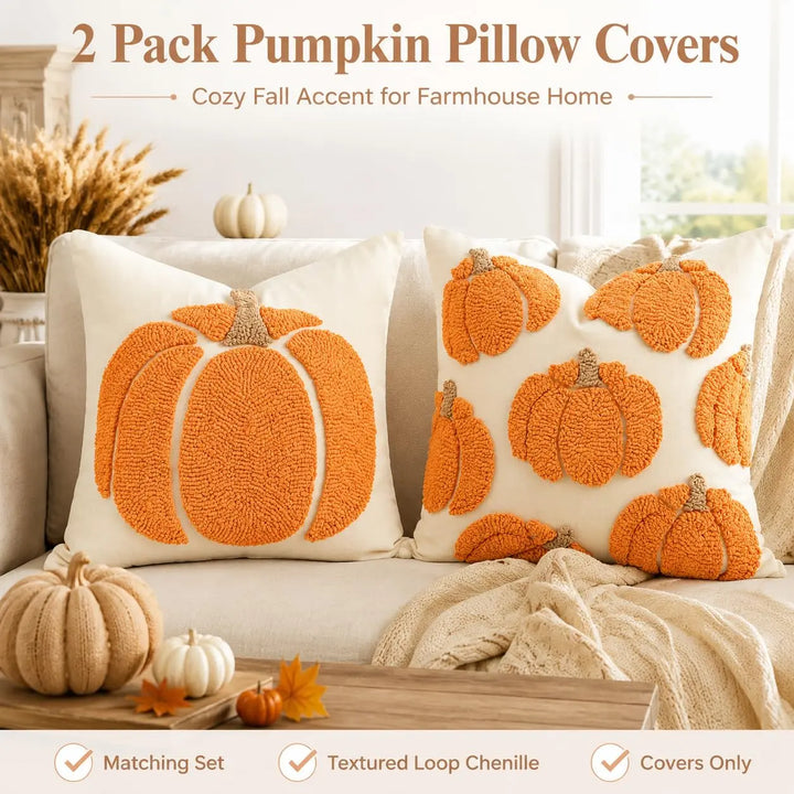 GEEORY Fall Pumpkin Pillow Covers Set of 2, Orange Tufted 18x18