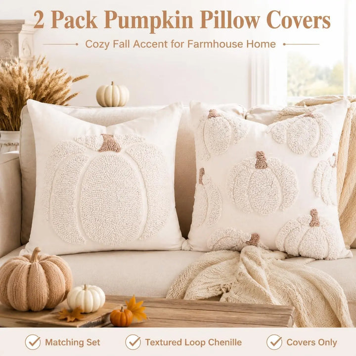 GEEORY Fall Tufted Pumpkin Pillow Covers Set of 2 18x18, Farmhouse Beige