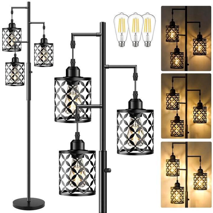 GHOOCEMLUX 68" Industrial Tree Floor Lamp, Dimmable Farmhouse Tall Standing Lamp with Quatrefoil Cutout Shades &amp; Rotary Dimmer Knob, Corner Light for Living Room Bedroom, 3 x800LM Bulbs Included-Black
