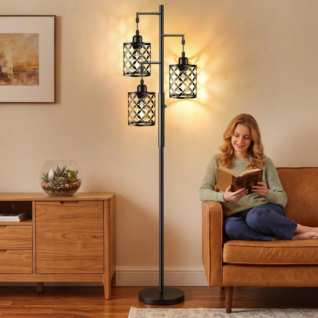 GHOOCEMLUX 68" Industrial Tree Floor Lamp, Dimmable Farmhouse Tall Standing Lamp with Quatrefoil Cutout Shades &amp; Rotary Dimmer Knob, Corner Light for Living Room Bedroom, 3 x800LM Bulbs Included-Black
