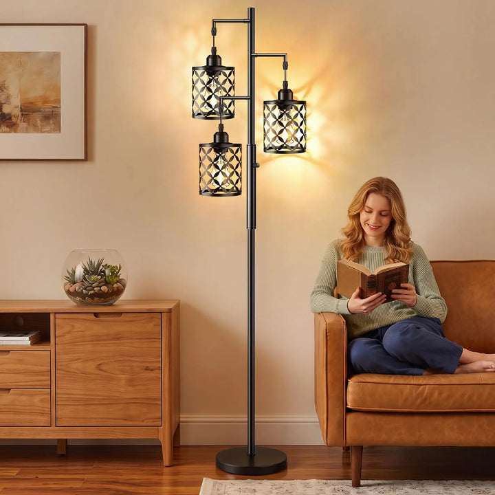 GHOOCEMLUX 68" Industrial Tree Floor Lamp, Dimmable Farmhouse Tall Standing Lamp with Quatrefoil Cutout Shades &amp; Rotary Dimmer Knob, Corner Light for Living Room Bedroom, 3 x800LM Bulbs Included-Black