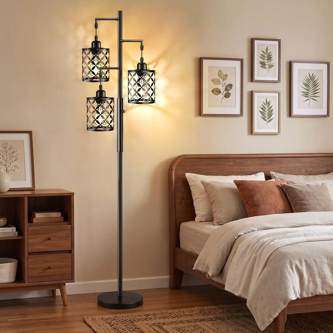 GHOOCEMLUX 68" Industrial Tree Floor Lamp, Dimmable Farmhouse Tall Standing Lamp with Quatrefoil Cutout Shades &amp; Rotary Dimmer Knob, Corner Light for Living Room Bedroom, 3 x800LM Bulbs Included-Black