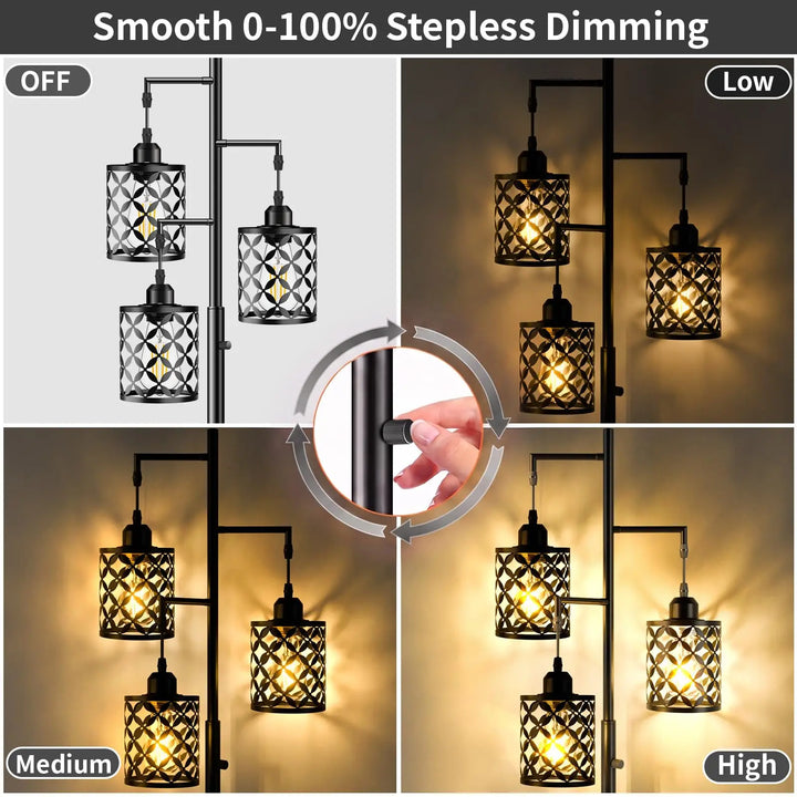 GHOOCEMLUX 68" Industrial Tree Floor Lamp, Dimmable Farmhouse Tall Standing Lamp with Quatrefoil Cutout Shades &amp; Rotary Dimmer Knob, Corner Light for Living Room Bedroom, 3 x800LM Bulbs Included-Black
