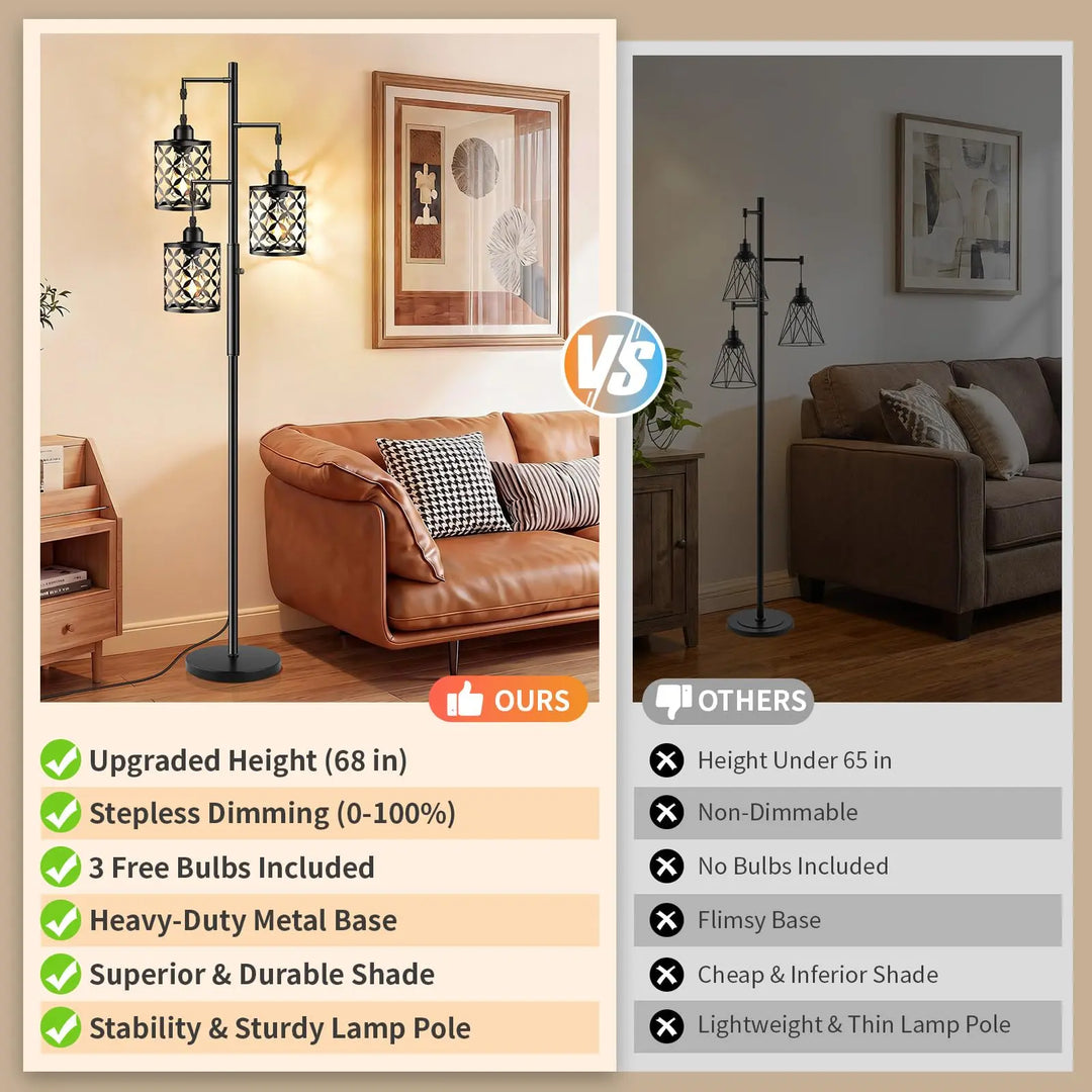 GHOOCEMLUX 68" Industrial Tree Floor Lamp, Dimmable Farmhouse Tall Standing Lamp with Quatrefoil Cutout Shades &amp; Rotary Dimmer Knob, Corner Light for Living Room Bedroom, 3 x800LM Bulbs Included-Black