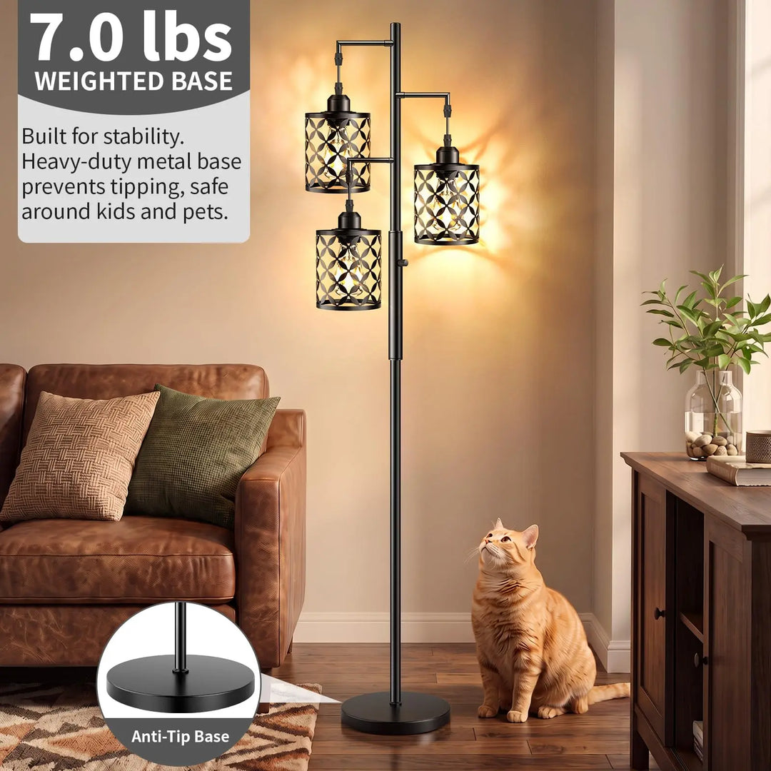 GHOOCEMLUX 68" Industrial Tree Floor Lamp, Dimmable Farmhouse Tall Standing Lamp with Quatrefoil Cutout Shades &amp; Rotary Dimmer Knob, Corner Light for Living Room Bedroom, 3 x800LM Bulbs Included-Black
