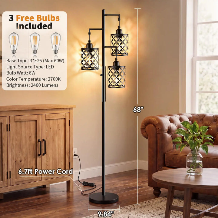 GHOOCEMLUX 68" Industrial Tree Floor Lamp, Dimmable Farmhouse Tall Standing Lamp with Quatrefoil Cutout Shades &amp; Rotary Dimmer Knob, Corner Light for Living Room Bedroom, 3 x800LM Bulbs Included-Black