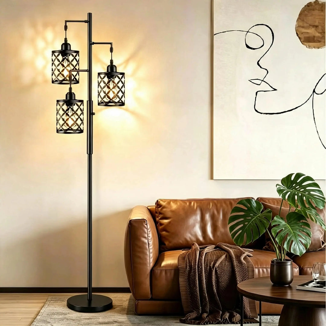 GHOOCEMLUX 68" Industrial Tree Floor Lamp, Dimmable Farmhouse Tall Standing Lamp with Quatrefoil Cutout Shades &amp; Rotary Dimmer Knob, Corner Light for Living Room Bedroom, 3 x800LM Bulbs Included-Black