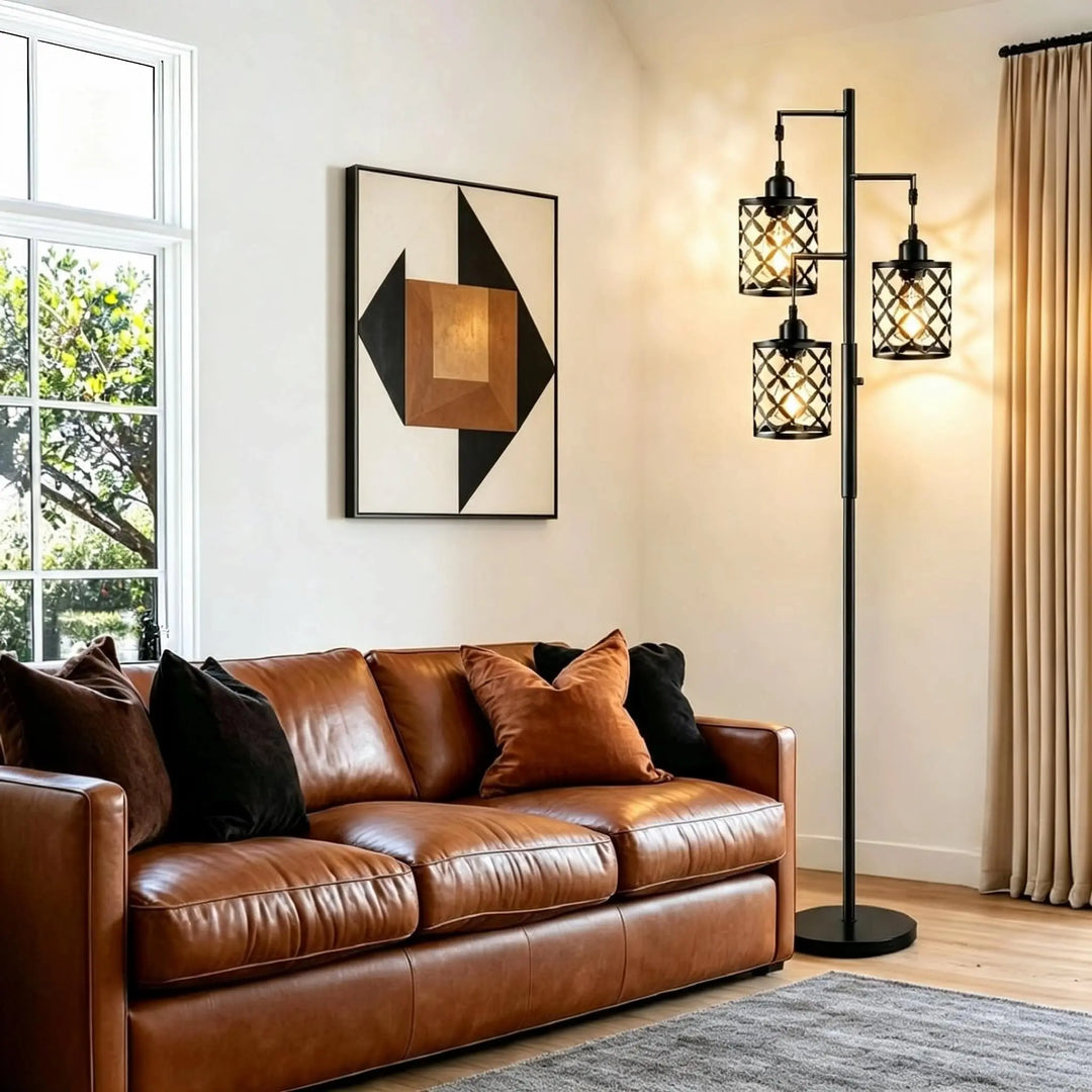 GHOOCEMLUX 68" Industrial Tree Floor Lamp, Dimmable Farmhouse Tall Standing Lamp with Quatrefoil Cutout Shades &amp; Rotary Dimmer Knob, Corner Light for Living Room Bedroom, 3 x800LM Bulbs Included-Black