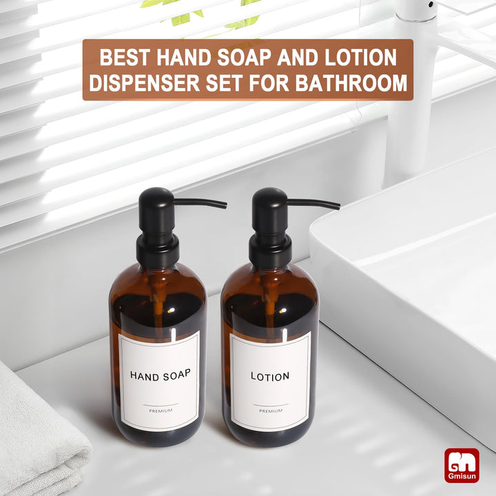 GMISUN Amber Glass Soap Dispenser Set, 2 Pack, 17 Fl Oz 