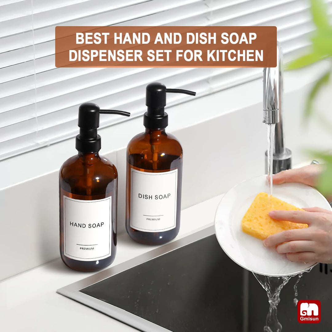 GMISUN Amber Glass Soap Dispenser Set, 2 Pack, 17 Fl Oz 