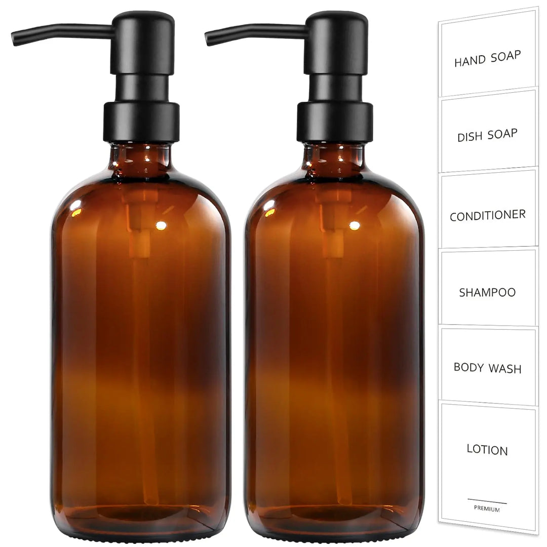 GMISUN Amber Glass Soap Dispenser, 2 Pack Bathroom Hand Soap Dispensers with Stainless Steel Pump, 17 Fl Oz Kitchen Hand and Dish Soap Dispenser Set, Modern Vintage Liquid Brown Soap Dispensers Bottle