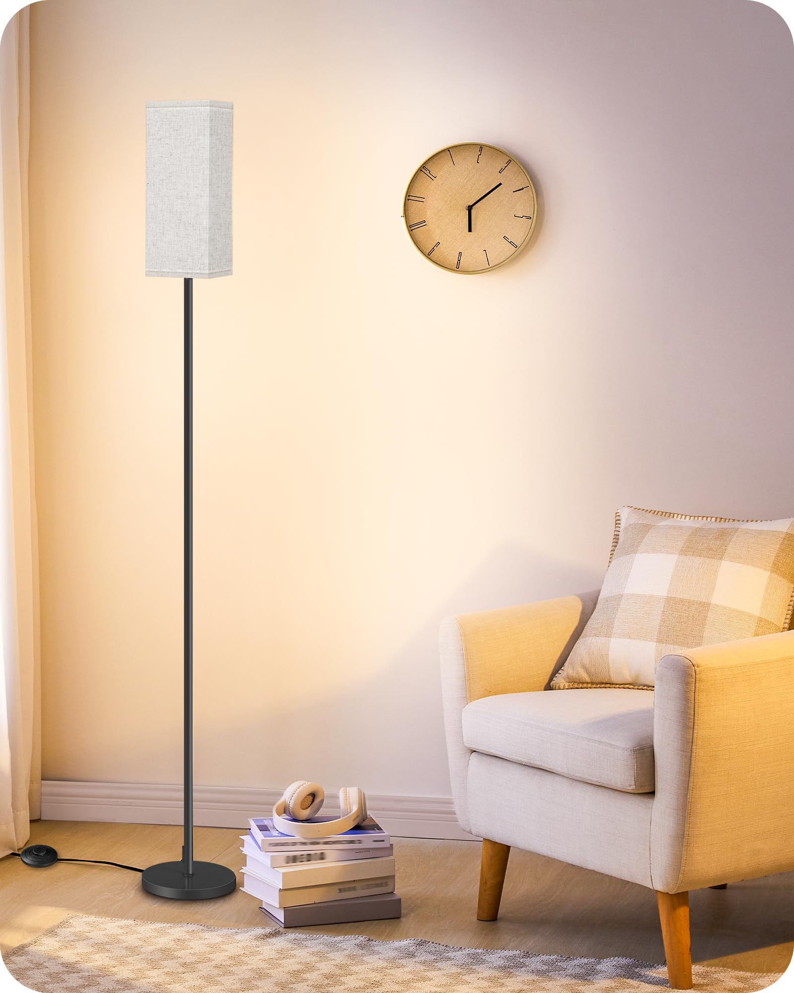 GOEBLESON 64.6" Floor Lamp, Pole with Foot Switch, Modern Standing Lamp Lampshade, Minimalist Freestanding Lamp (Bulb Not Included), for Living Room, Bedroom Office ETL Listed, Black and Beige E07LD05 