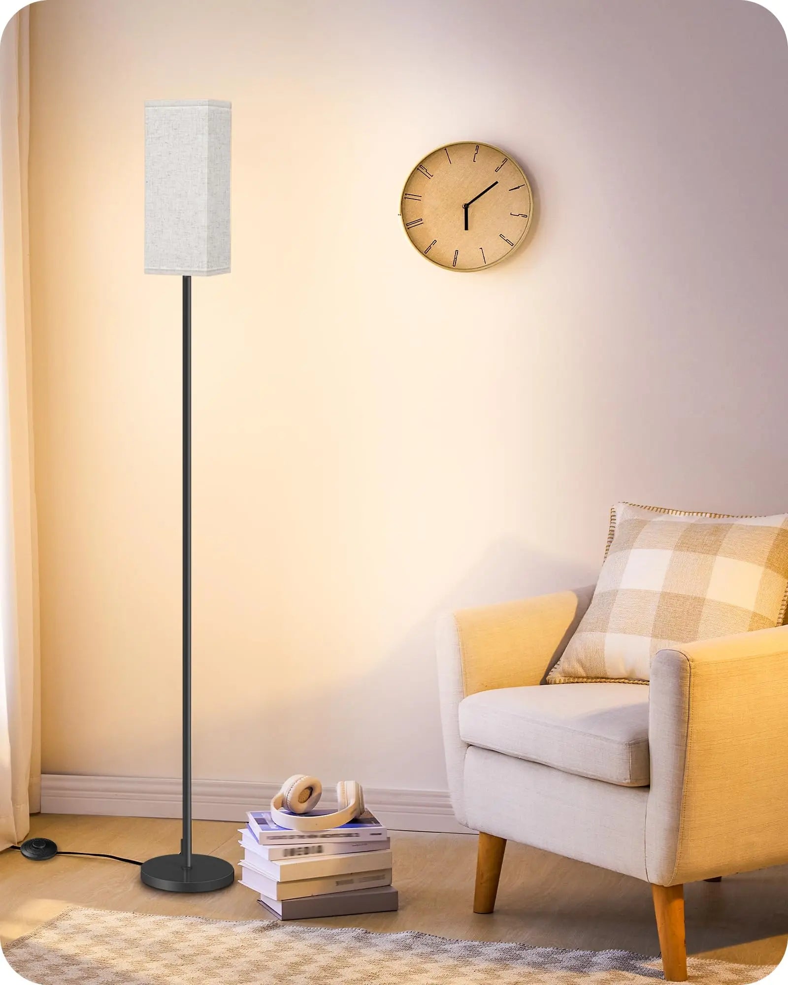 GOEBLESON 64.6" Floor Lamp, Pole with Foot Switch, Modern Standing Lamp Lampshade, Minimalist Freestanding Lamp (Bulb Not Included), for Living Room, Bedroom Office ETL Listed, Black and Beige E07LD05 