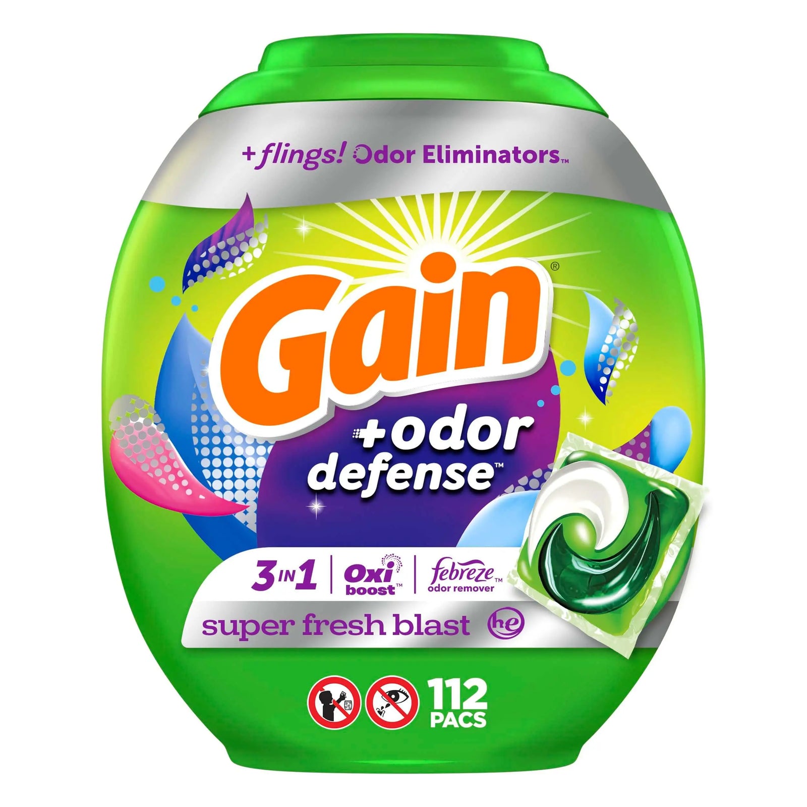 Gain Flings Laundry Detergent Soap Pacs with Odor Defense, Super Fresh Scent, 112 Count, 3 in 1 Laundry Pods with Febreze and Oxi 