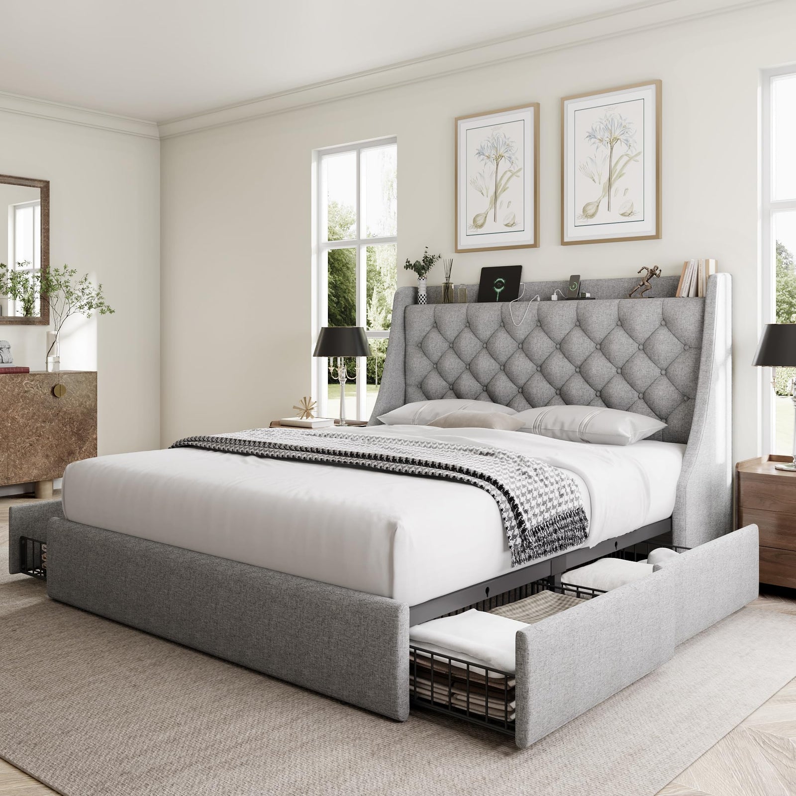 GalnFu Queen Bed Frame with 4 Storage Drawers, Giant Upholstered Wingback Headboard, Fast Charging Station, No Box Spring Needed, Noise-Free, Light Gray 