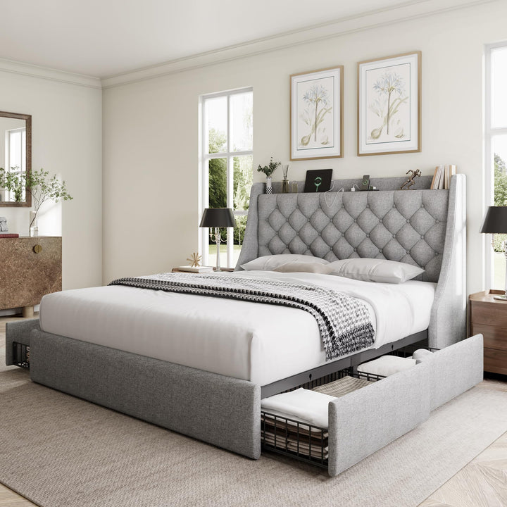 GalnFu Queen Bed Frame with 4 Storage Drawers, Giant Upholstered Wingback Headboard, Fast Charging Station, No Box Spring Needed, Noise-Free, Light Gray 
