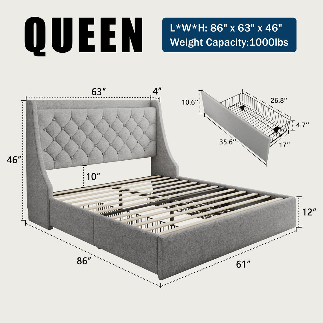 GalnFu Queen Bed Frame with 4 Storage Drawers, Giant Upholstered Wingback Headboard, Fast Charging Station, No Box Spring Needed, Noise-Free, Light Gray 