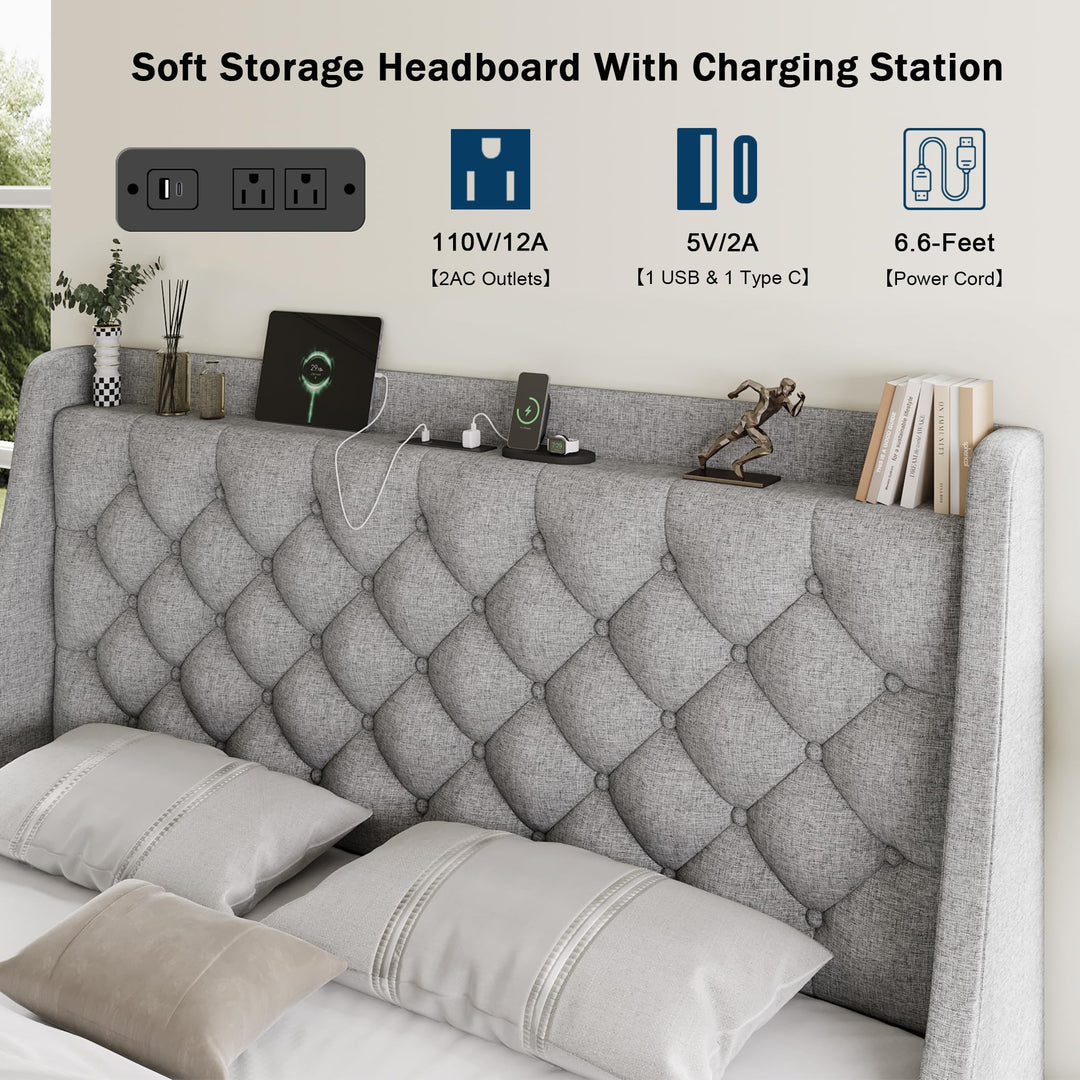 GalnFu Queen Bed Frame with 4 Storage Drawers, Giant Upholstered Wingback Headboard, Fast Charging Station, No Box Spring Needed, Noise-Free, Light Gray 