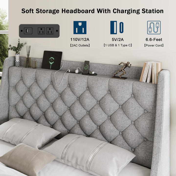 GalnFu Queen Bed Frame with 4 Storage Drawers, Giant Upholstered Wingback Headboard, Fast Charging Station, No Box Spring Needed, Noise-Free, Light Gray 