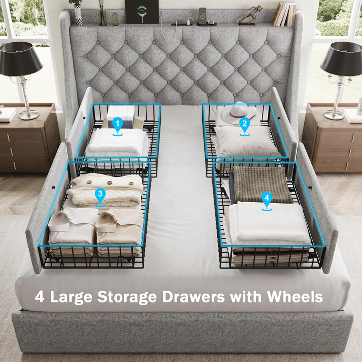 GalnFu Queen Bed Frame with 4 Storage Drawers, Giant Upholstered Wingback Headboard, Fast Charging Station, No Box Spring Needed, Noise-Free, Light Gray 