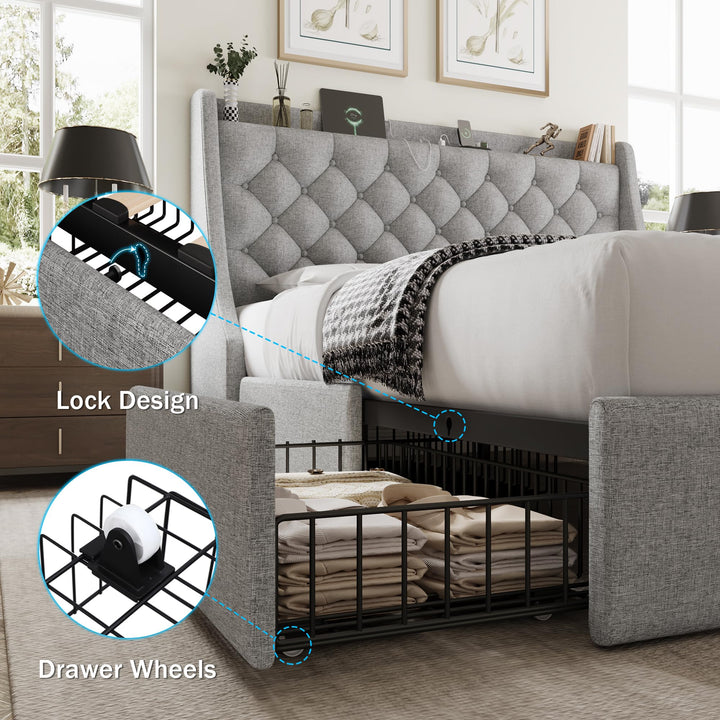 GalnFu Queen Bed Frame with 4 Storage Drawers, Giant Upholstered Wingback Headboard, Fast Charging Station, No Box Spring Needed, Noise-Free, Light Gray 