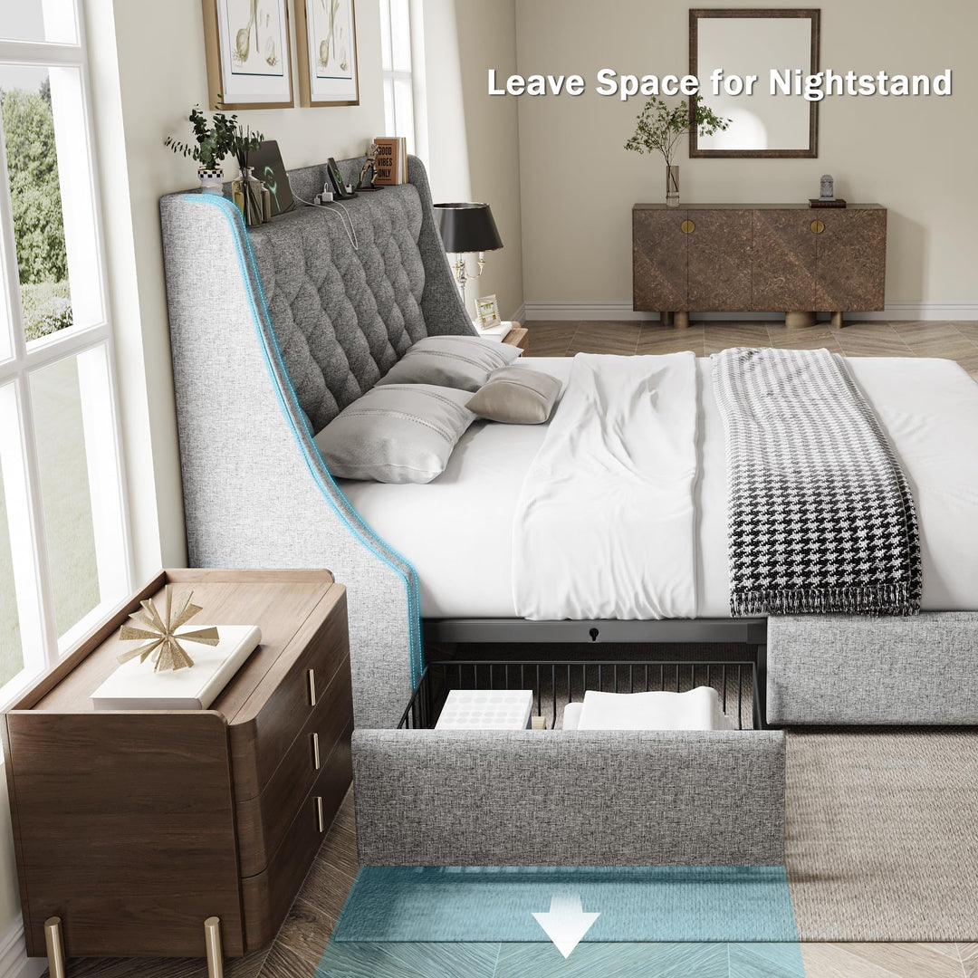 GalnFu Queen Bed Frame with 4 Storage Drawers, Giant Upholstered Wingback Headboard, Fast Charging Station, No Box Spring Needed, Noise-Free, Light Gray 