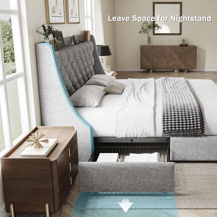 GalnFu Queen Bed Frame with 4 Storage Drawers, Giant Upholstered Wingback Headboard, Fast Charging Station, No Box Spring Needed, Noise-Free, Light Gray 