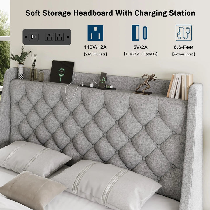 GalnFu Queen Bed Frame with 4 Storage Drawers, Giant Upholstered Wingback Headboard, Fast Charging Station, No Box Spring Needed, Noise-Free, Light Gray 