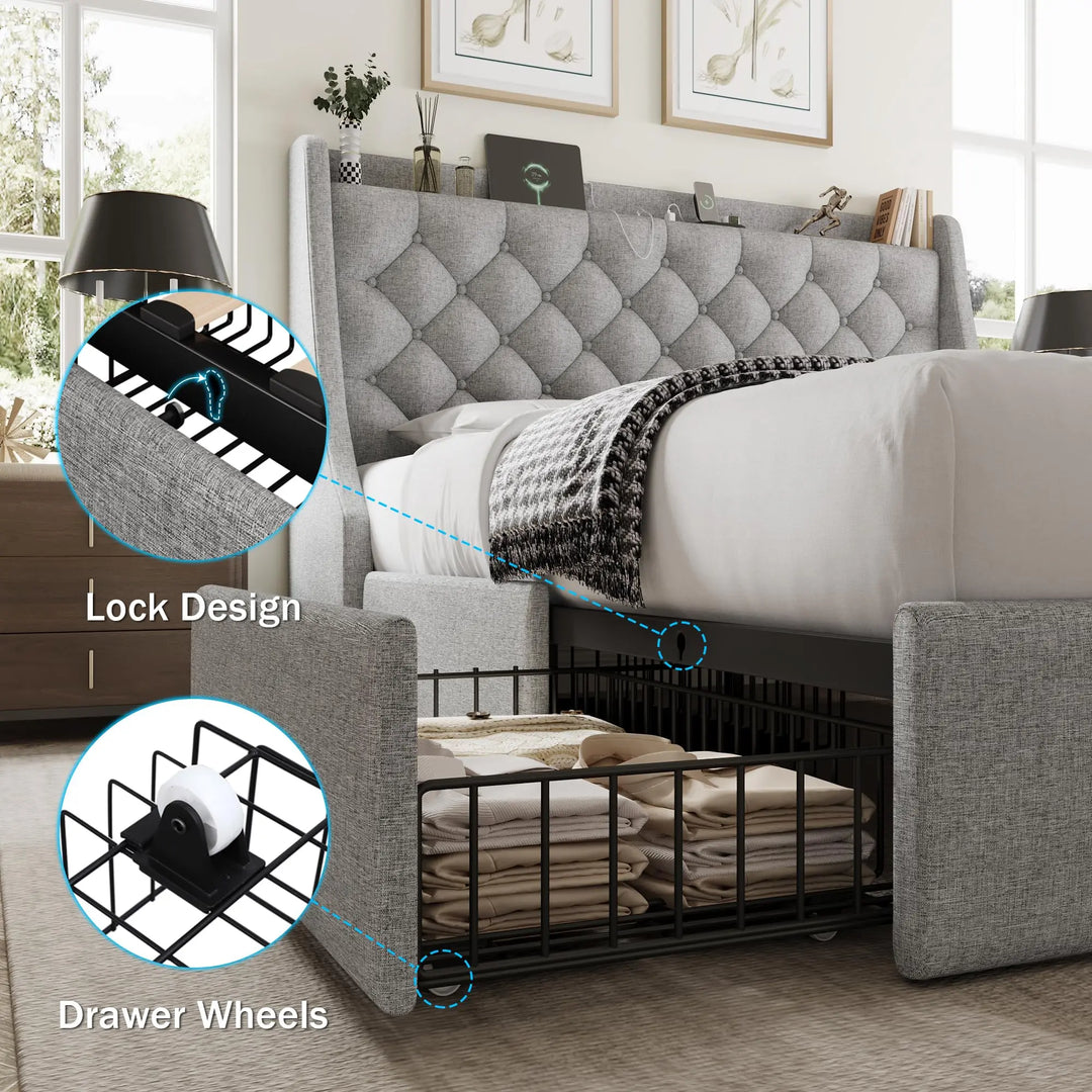 GalnFu Queen Bed Frame with 4 Storage Drawers, Giant Upholstered Wingback Headboard, Fast Charging Station, No Box Spring Needed, Noise-Free, Light Gray 