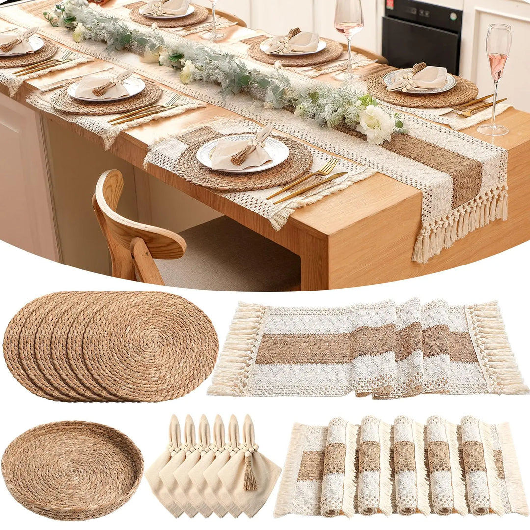 Gandeer Boho Placemat Table Runner Napkin Rings, Khaki, 12x72, 6 Sets
