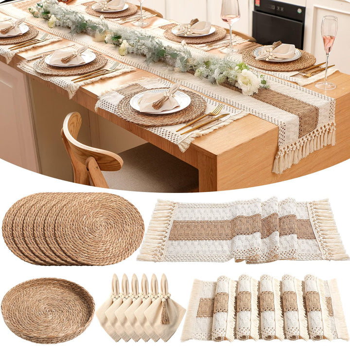 Gandeer Boho Placemat Table Runner Napkin Rings, Khaki, 12x72, 6 Sets 