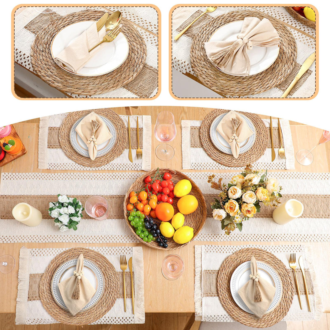Gandeer Boho Placemat Table Runner Napkin Rings, Khaki, 12x72, 6 Sets 