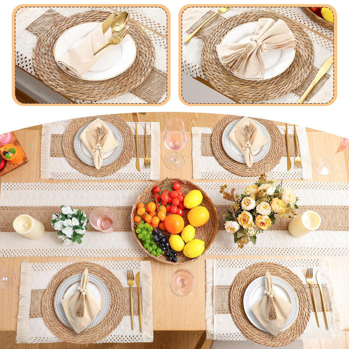 Gandeer Boho Placemat Table Runner Napkin Rings, Khaki, 12x72, 6 Sets 