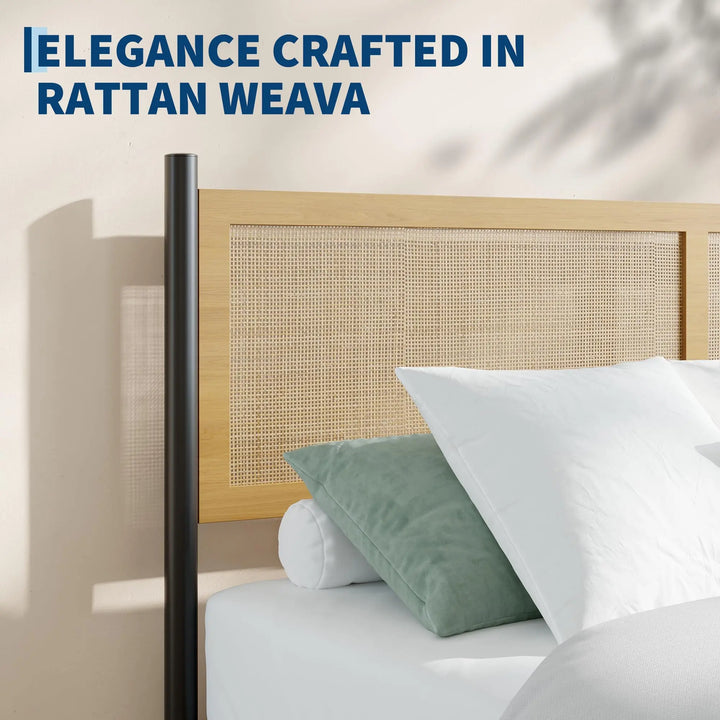 Boho Rattan Queen Bed Frame with Hand Woven Wicker Headboard &amp; Footboard 