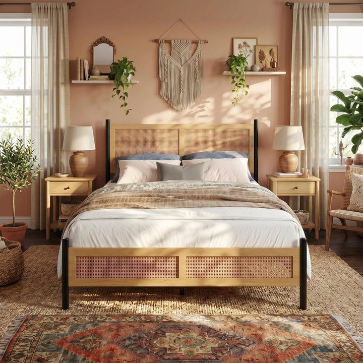 Boho Rattan Queen Bed Frame with Hand Woven Wicker Headboard &amp; Footboard 