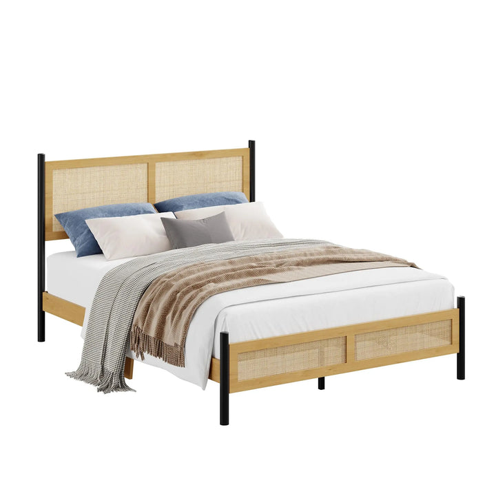 Boho Rattan Queen Bed Frame with Hand Woven Wicker Headboard &amp; Footboard 