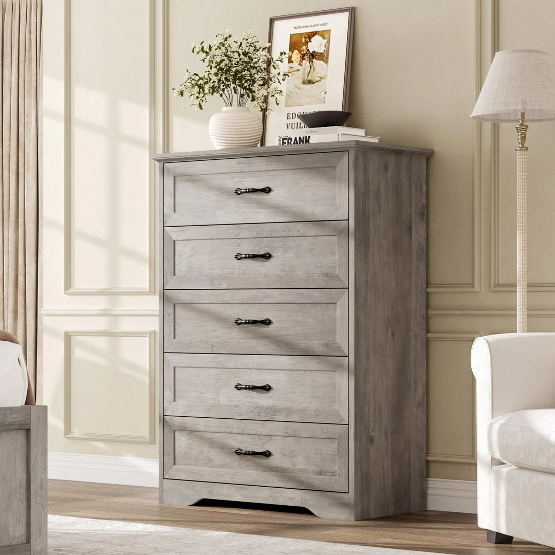 Garvee Farmhouse Wood 43.9" Tall 5 Drawer Dresser for Bedroom, Grey 